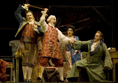 L R John Moore Figaro Eric Roberts Dr Bartolo Laura Parfitt Rosina and Colin Lee Count Almaviva 01565 high res