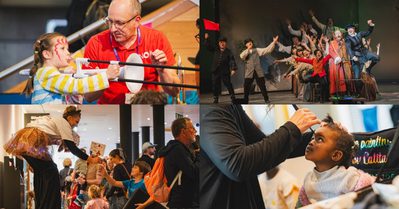 Play Opera Collage A collage of photos from last year's Play Opera LIVE! event. In the top left photo, a member of staff helps a young girl play the trombone. In the top right, the performers enthusiastically pretend to ride a funicular railway train, their arms in the air. In the bottom left, a lady on stilts passes a Play Opera LIVE! flag to a young boy. In the bottom right, a little girl gets her face painted.