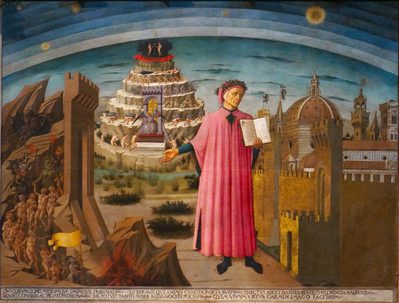 Dante's Divine Comedy Image. Dante's Divine Comedy - Dante stands in the middle of the image, in a pink dress. Behind him is a depiction of the seven layers of hell.