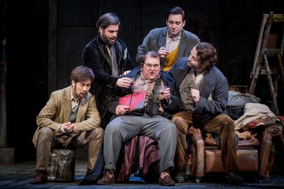 WNO La Bohème L R Jihoon Kim Colline Gareth Brynmor John Schaunard Howard Kirk Benoit Dominick Chenes Rodolfo Gary Griffiths Marcello Credit Robert Workman043