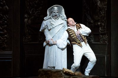 WNO Don Giovanni Miklós Sebestyén Commendatore Gavan Ring Don Giovanni Photo Credit Richard Hubert Smith 2251 Richard Hubert-Smith 2018 Stone figure hold hand of man who looks in pain.