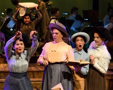 WNO Rhondda Rips It Up! Catherine Wood as Lottie, Madeleine Shaw as Lady Rhondda, Paula Greenwood as Prid And Rosie Hay as Sybil Photo Credit Jane Hobson 233 Jane Hobson 2018 Rhondda and friends appear surprised