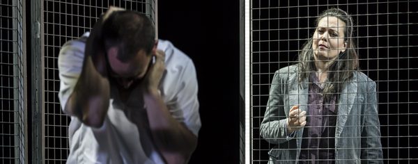 WNO Dead Man Walking Morgan Smith Joseph De Rocher Lucia Cervoni Sister Helen Prejean Photo credit Johan Persson 03061 Johan Persson 2019 Man in the foreground grasps at his ears to cover them woman behind looks worried.