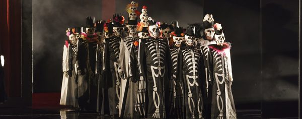 WNO Un ballo in maschera WNO Chorus Photo credit Bill Cooper© 0466 Bill Cooper 2019 Group dressed in skeleton costumes and face paint form a three wide line.