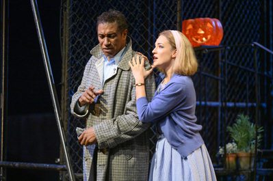 WNO Rigoletto 2019 Mark S Doss Rigoletto and Marina Monzo Gilda Photocredit Richard Hubert Smith 7330 Richard Hubert-Smith 2019 Woman holds mans shoulder looking worried, he is frowning.