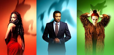 WNO 1000x486 Autumn a woman in red dress with a bull shadow, a man in a suit with a jester shadow, a woman in fur with a wolf shadow