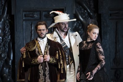 WNO Don Giovanni Trystan Llyr Griffiths Don Ottavio Andrei Kymach Don Giovanni Marina Monzo Donna Anna photo credit Bill Cooper 0867 Don Giovanni, convinces Don Ottavio, Donna Anna, distressed