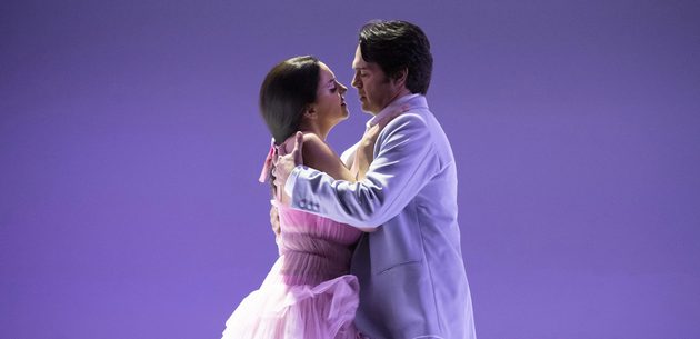 WNO Madam Butterfly Joyce El Khoury Cio Cio San Leonardo Caimi Pinkerton photo credit Richard Hubert Smith 1343 Cio Cio San and Pinkerton hugging in each other's arms