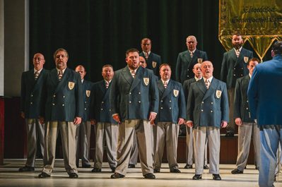 WNO Blaze of Glory Cast of Blaze of Glory photo credit Kirsten Mcternan 546 The Male Voice Choir performs together at the Eisteddfod
